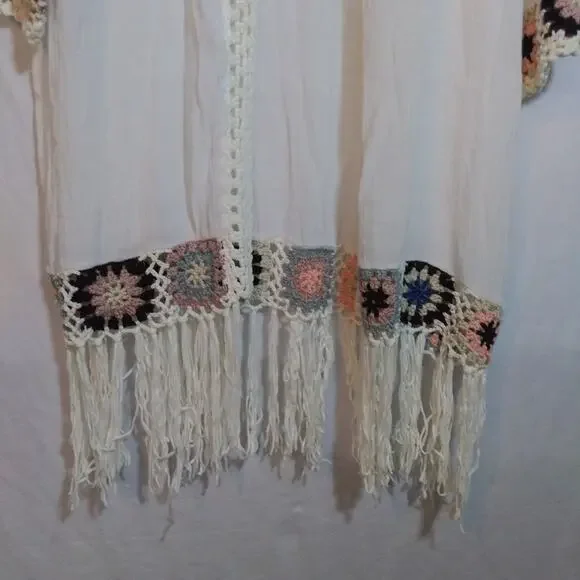 Oliver by Escio Boho Gauzy Cardigan Crochet Granny Square Trim Tie Front Size L - Picture 5 of 9